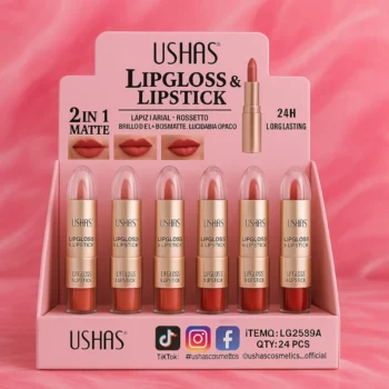 Présentoir de 24 (soit 1,35€ unité) : Rouge à Lèvres & Gloss 2.en.1  - USHAS