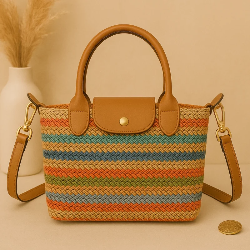 Sac à Main en Paille Tressée Multicolore – Style Bohème Chic - Orange, Bleu, Vert
