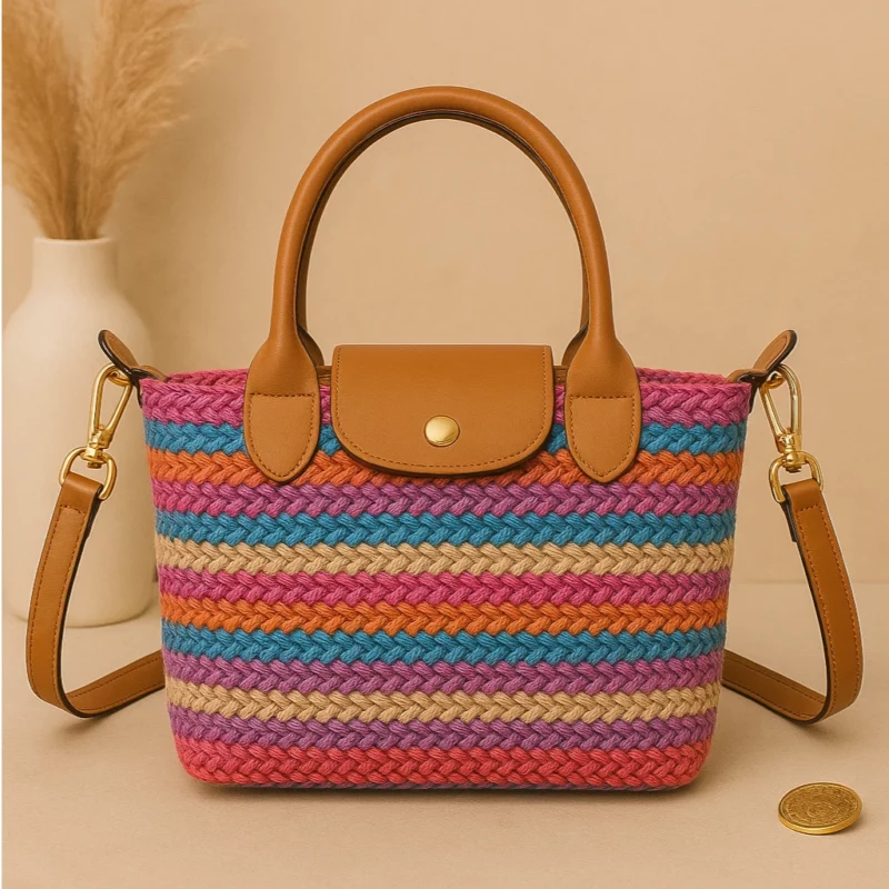 Sac à Main en Paille Tressée Multicolore – Style Bohème Chic - Mauve, Orange, Bleu