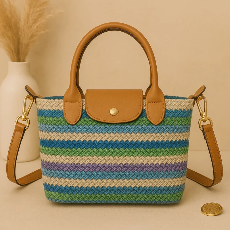 Sac à Main en Paille Tressée Multicolore – Style Bohème Chic - Vert, Mauve, Bleu