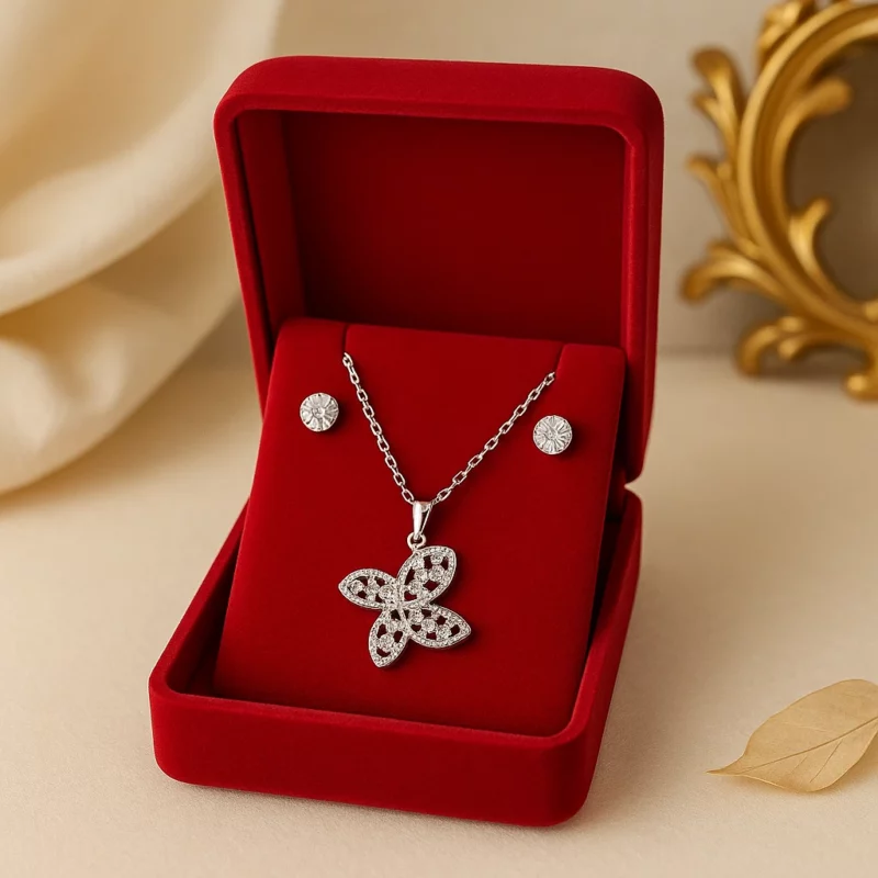 Coffrets Collier et Boucles d'oreilles - Papillon & Argenté et Strass