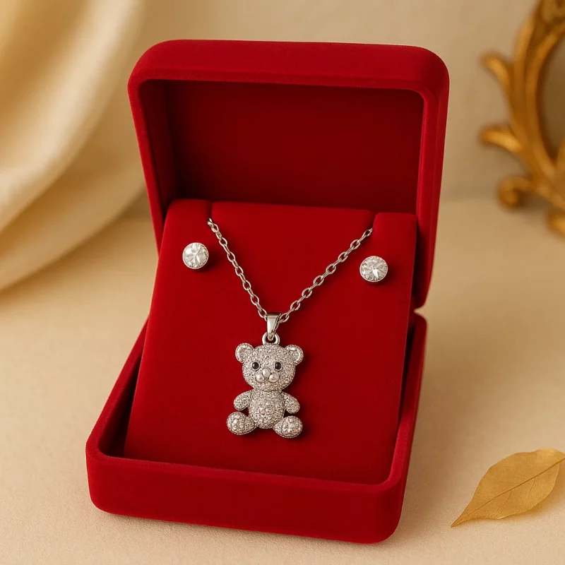Coffrets Collier et Boucles d'oreilles - Ourson & Argenté et Strass
