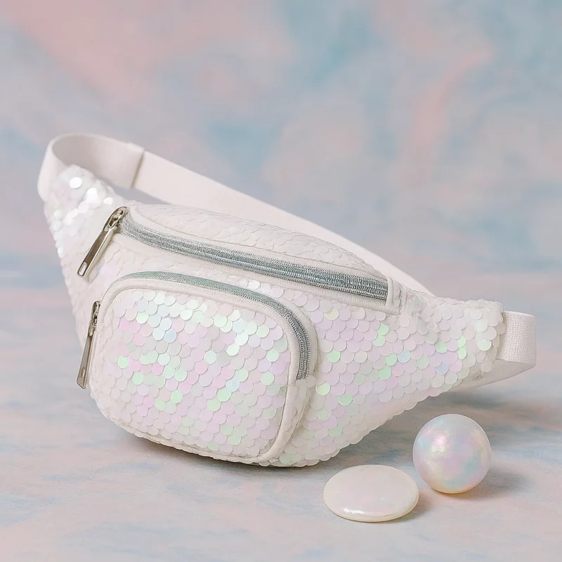 Sac Banane à Sequins – Look Brillant & Pratique – Blanc - Sangle Noir