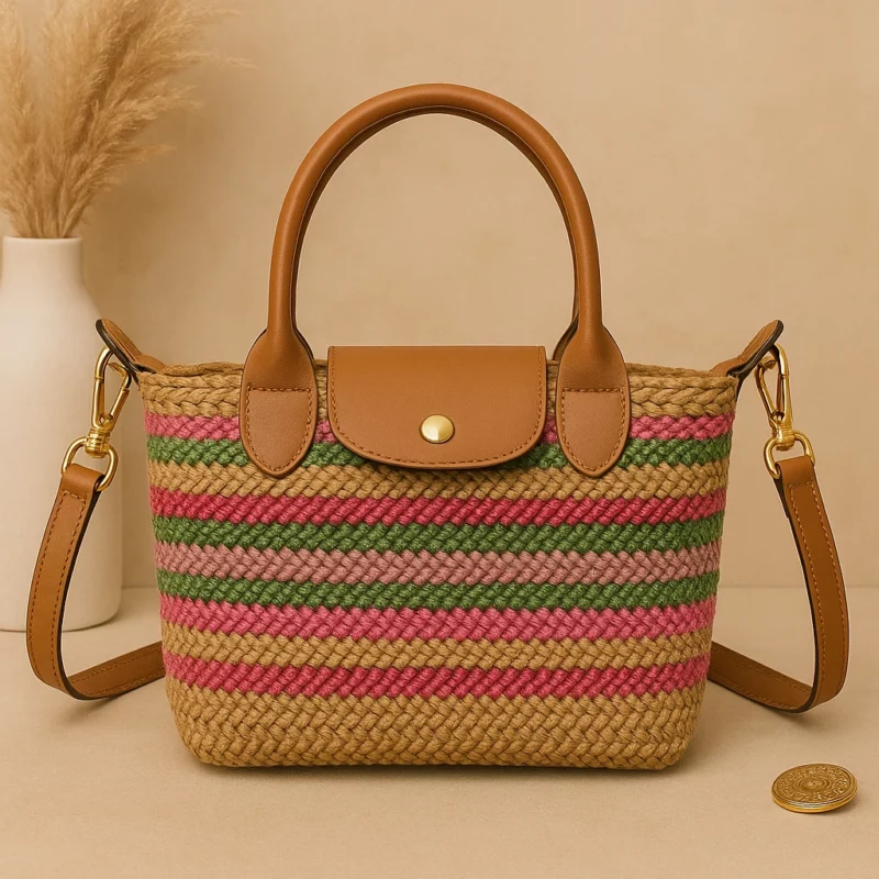 Sac à Main en Paille Tressée Multicolore – Style Bohème Chic - Vert, rose, beige