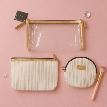 Lot de 6 Kits (3,50€ le kit) : Pochette Maquillage 3 Pièces – Design Rayé Chic & Transparent Doré – Image 2
