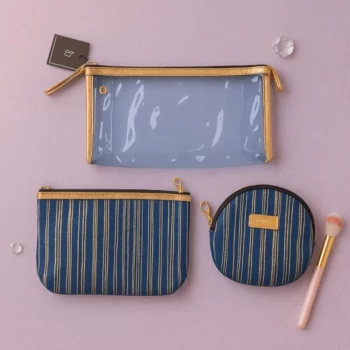 Lot de 6 Kits (3,50€ le kit) : Pochette Maquillage 3 Pièces – Design Rayé Chic & Transparent Doré – Image 3