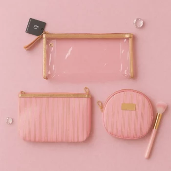 Lot de 6 Kits (3,50€ le kit) : Pochette Maquillage 3 Pièces – Design Rayé Chic & Transparent Doré – Image 4