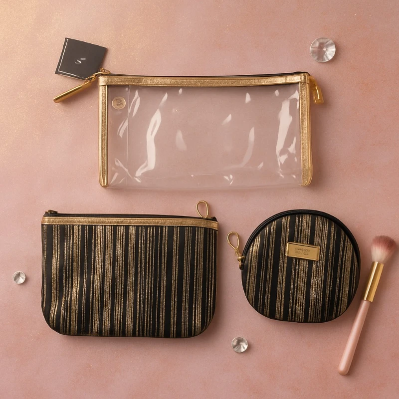 pochette dorée 3 pièces prix grossiste Lot de 6 Kits (3,50€ le kit) : Pochette Maquillage 3 Pièces – Design Rayé Chic & Transparent Doré – Image 1