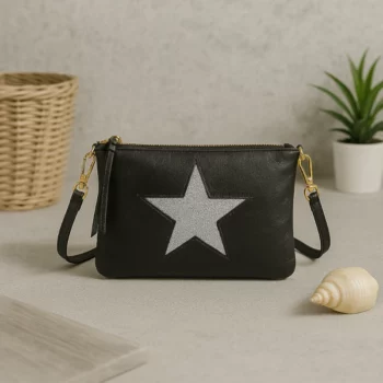 Petit Sac à Main Simili Peau Brillante avec Étoile - Noir