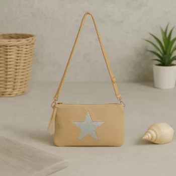 Petit Sac à Main Simili Peau Brillante avec Étoile - Beige