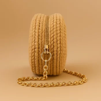 Sac Rond Tressé avec Chaîne Dorée et Pompon – 100% Style & Légèreté - Taupe – Image 2