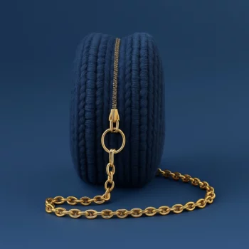 Sac Rond Tressé avec Chaîne Dorée et Pompon – 100% Style & Légèreté - Bleu Marine – Image 2