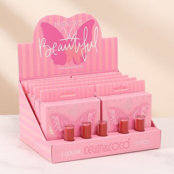 Présentoir de 12 (3,20€ le Set) : Set de 4 Gloss pour lèvres BEAUTIFUL – Kevin & Coco