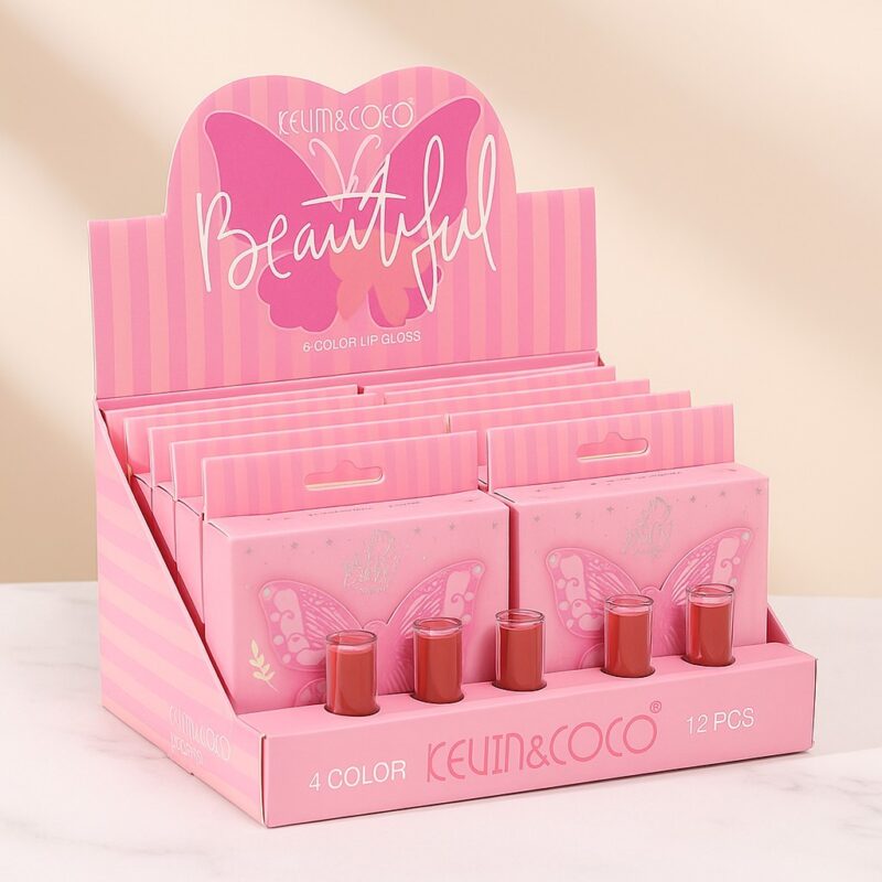 Présentoir de 12 (3,20€ le Set) : Set de 4 Gloss pour lèvres BEAUTIFUL – Kevin & Coco