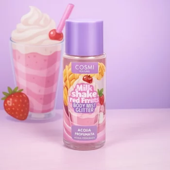 Présentoir de 12 (soit 2,05€ pièce) : Brumes Corporelles Pailletées "MILKSHAKE FRUITS ROUGES" – COSMI Milano