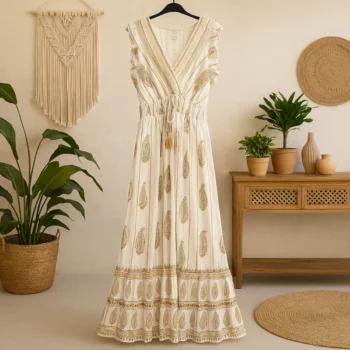 Robe longue Blanc écru Sans manches Volant Motif Paisley Doré MADE IN INDIA