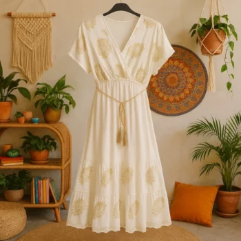 Robe mi-longue Blanc écru Sans Manches Motif Paisley Doré - MADE IN ITALY