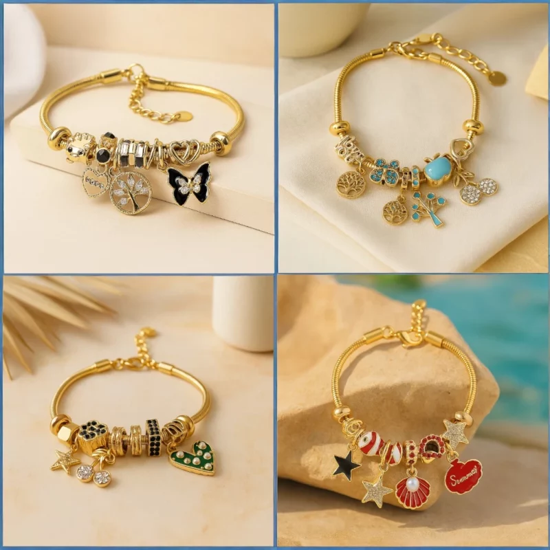 Lot de 12 (1,90€ Pièce) : Bracelet Doré avec Plusieurs Charms Colorés & Dorés – Acier Inoxydable