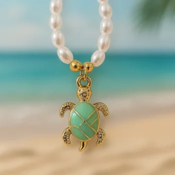 Lot de 12 (1,90€ Pièce) : Colliers Dorés avec Petit Pendentif Océan – Perles Blanches – Acier Inoxydable – Image 3