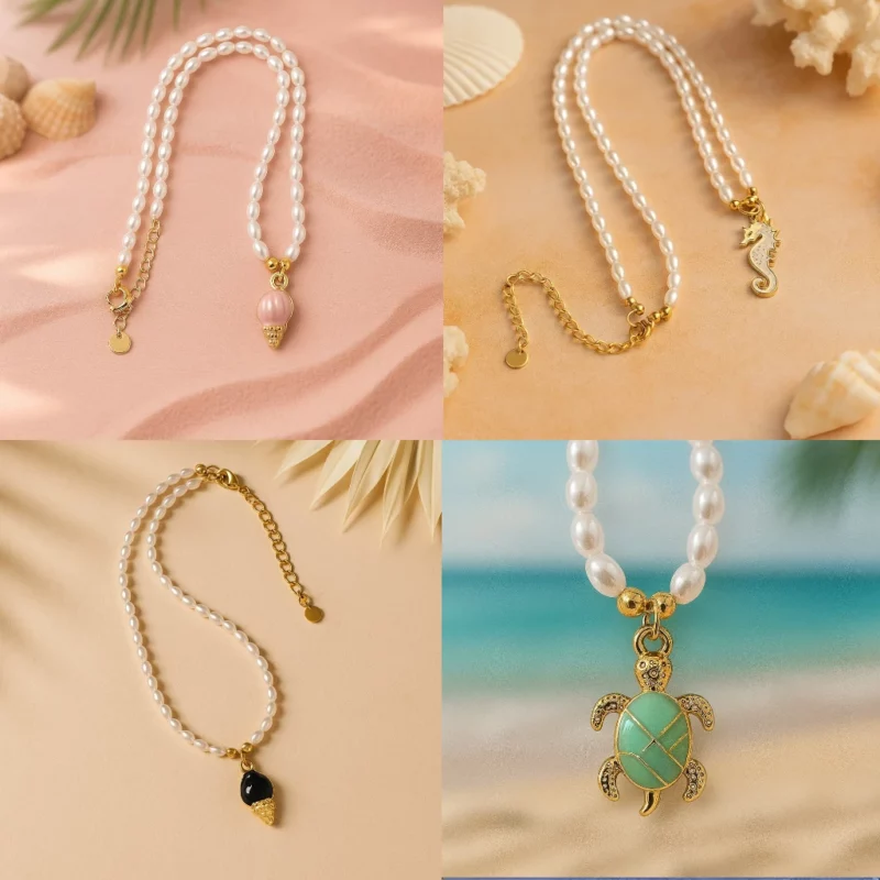Lot de 12 (1,90€ Pièce) : Colliers Dorés avec Petit Pendentif Océan – Perles Blanches – Acier Inoxydable