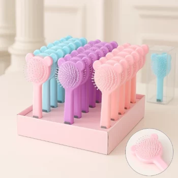 Carton de 24 (soit 1,45€ Pièce) : Brosse à Cheveux Rondes Colorées OREILLES FANTAISIES