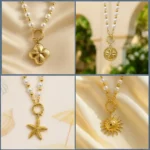 Lot de 12 (1,80€ Pièce) : Bracelet Doré avec Gros Pendentif Estival – Perles Blanches & Dorées – Acier Inoxydable