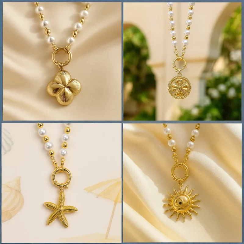 Lot de 12 (1,80€ Pièce) : Bracelet Doré avec Gros Pendentif Estival – Perles Blanches & Dorées – Acier Inoxydable