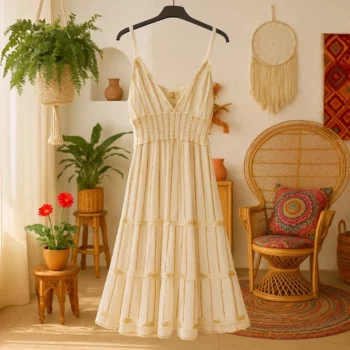 Robe courte Blanc écru Bretelles ajustables à Rayures Dorées - MADE IN INDIA