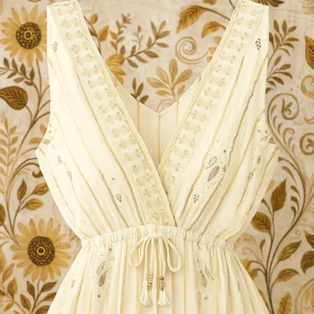 Robe longue Écru Sans manches Motif Paisley Blanc & Doré MADE IN INDIA – Image 2