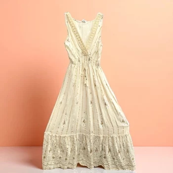 Robe longue Écru Sans manches Motif Paisley Blanc & Doré MADE IN INDIA – Image 4