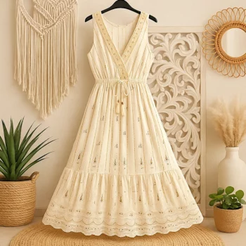 Robe longue Écru Sans manches Motif Paisley Blanc & Doré MADE IN INDIA