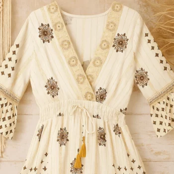 Robe longue Blanc écru Manches 3/4 Motif Mandala Floral Brun MADE IN INDIA – Image 3