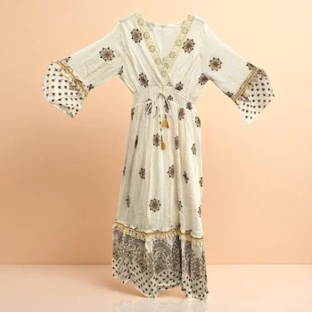 Robe longue Blanc écru Manches 3/4 Motif Mandala Floral Brun MADE IN INDIA – Image 5