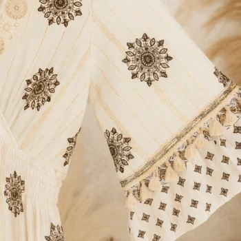 Robe longue Blanc écru Manches 3/4 Motif Mandala Floral Brun MADE IN INDIA – Image 2