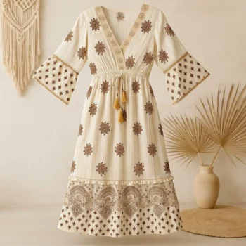 Robe longue Blanc écru Manches 3/4 Motif Mandala Floral Brun MADE IN INDIA