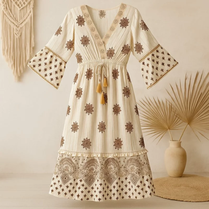 Robe longue Blanc écru Manches 3/4 Motif Mandala Floral Brun MADE IN INDIA