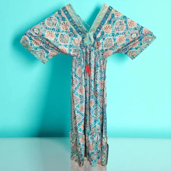 Robe longue Turquoise Manches Courtes Motif Doré Coloré MADE IN INDIA – Image 5
