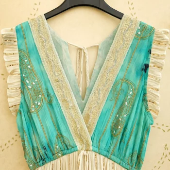 Robe longue Turquoise & Blanc Sans manches Volant Motif Paisley Doré MADE IN INDIA – Image 2