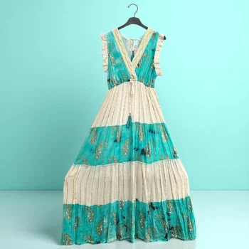 Robe longue Turquoise & Blanc Sans manches Volant Motif Paisley Doré MADE IN INDIA – Image 4