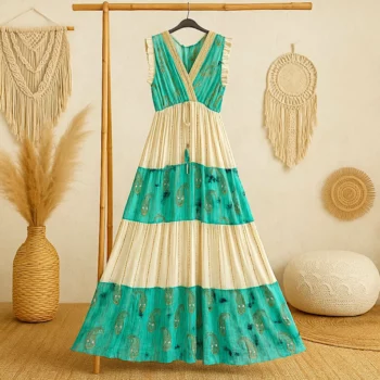 Robe longue Turquoise & Blanc Sans manches Volant Motif Paisley Doré MADE IN INDIA