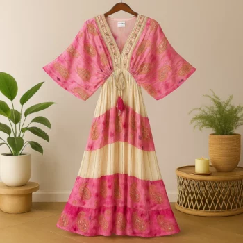 Robe longue Rose & Blanc Manches Courtes Motif Paisley Doré MADE IN INDIA