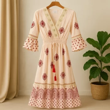 Robe longue Rose Manches 3/4 Motif Mandala Floral Rouge MADE IN INDIA