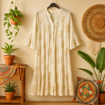 Robe-liquette courte Blanc écru Manches 3/4 Motif Paisley Doré