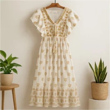 Robe longue Beige Clair Petites manches à Volant Motif Ethnique Dorée MADE IN INDIA