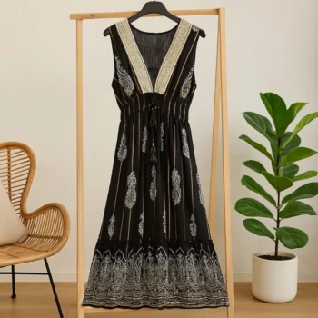 Robe longue Noire Sans manches Motif Paisley Blanc & Doré MADE IN INDIA
