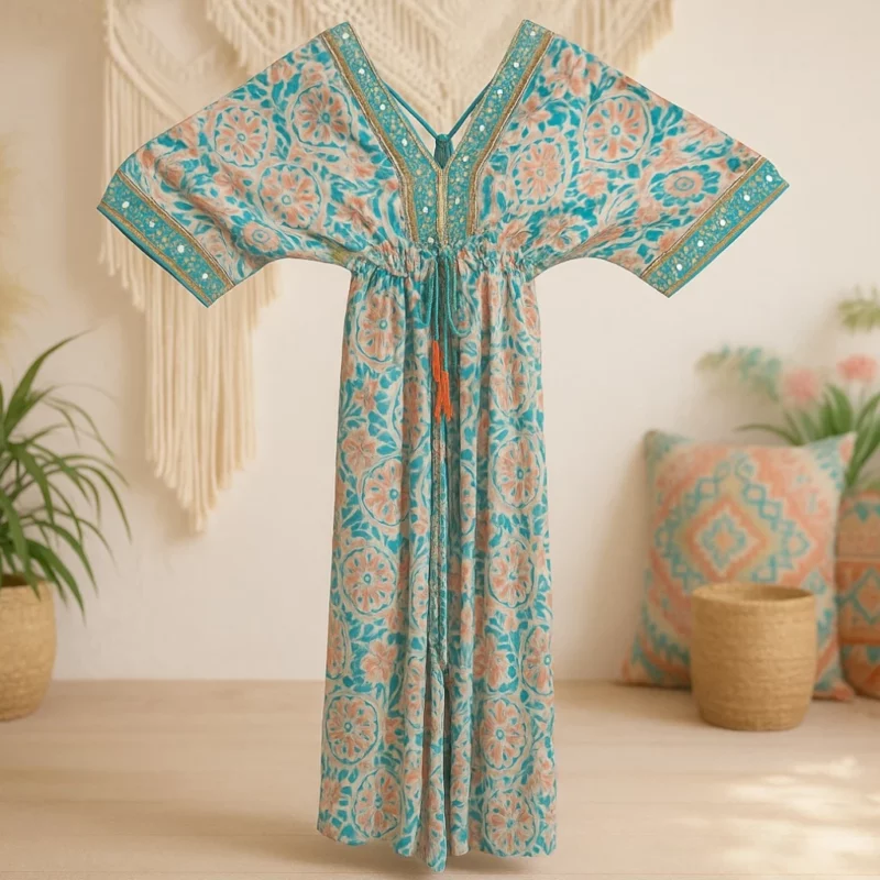 Robe longue Turquoise Manches Courtes Motif Doré Coloré MADE IN INDIA