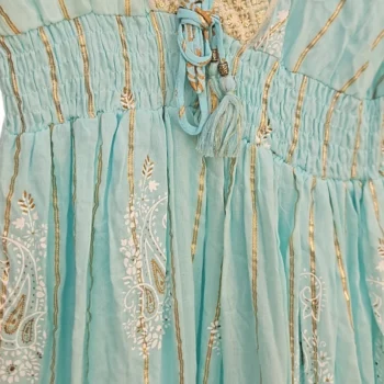 Robe longue Turquoise Sans manches Motif Paisley Blanc & Doré MADE IN INDIA – Image 4
