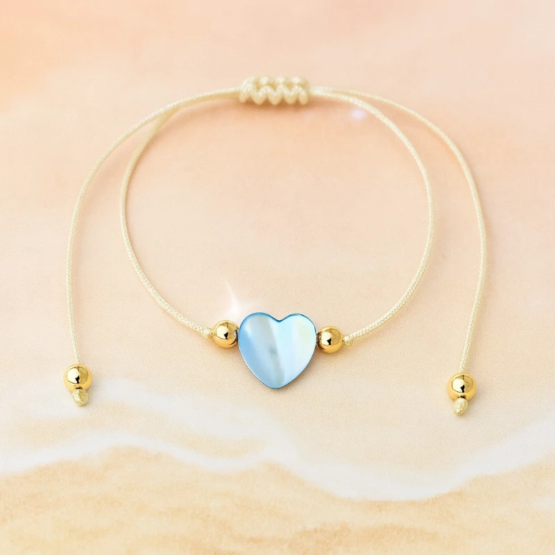 bracelet corde doré en solde Lot de 10 (0,50€ Pièce) : Bracelet Coeur Nacré & Dorées - Bleu – Image 1