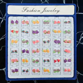 Présentoir de 36 (0,30€ Pièce) : Paires de Boucles d’Oreilles Fruits Colorés – CUBIC ZIRCONIA – Image 4