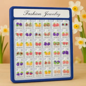 Présentoir de 36 (0,30€ Pièce) : Paires de Boucles d’Oreilles Fruits Colorés – CUBIC ZIRCONIA
